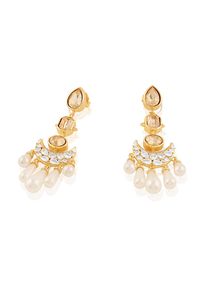 Gold Plated Crystal Zirconia & Pearl Dangler Earrings