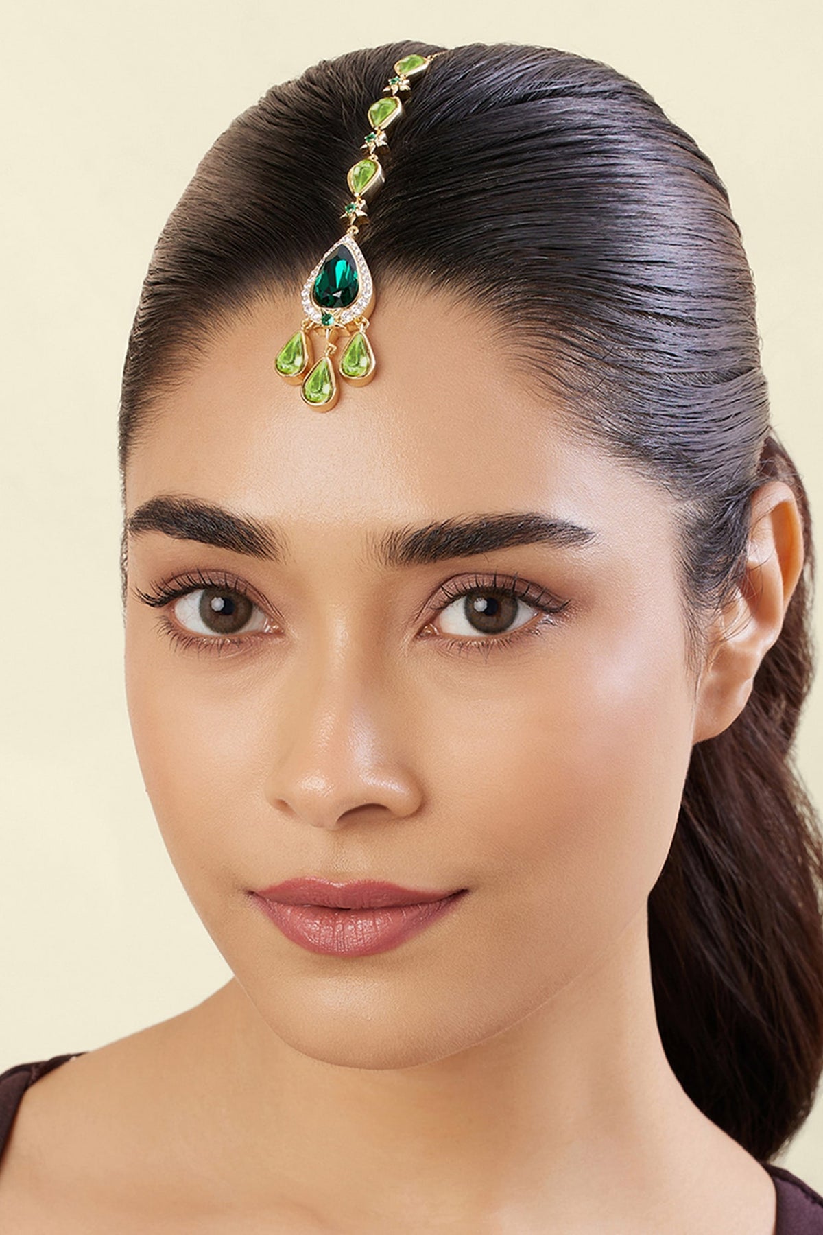Gold Plated Green Crystal Zirconia Maangtikka