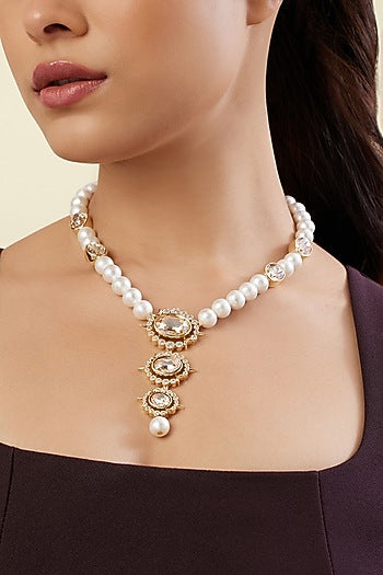 Gold Plated Crystal Zirconia & Pearl Necklace