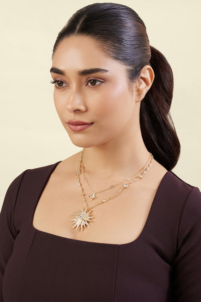 Gold Plated Crystal Zirconia & Mirror Layered Necklace