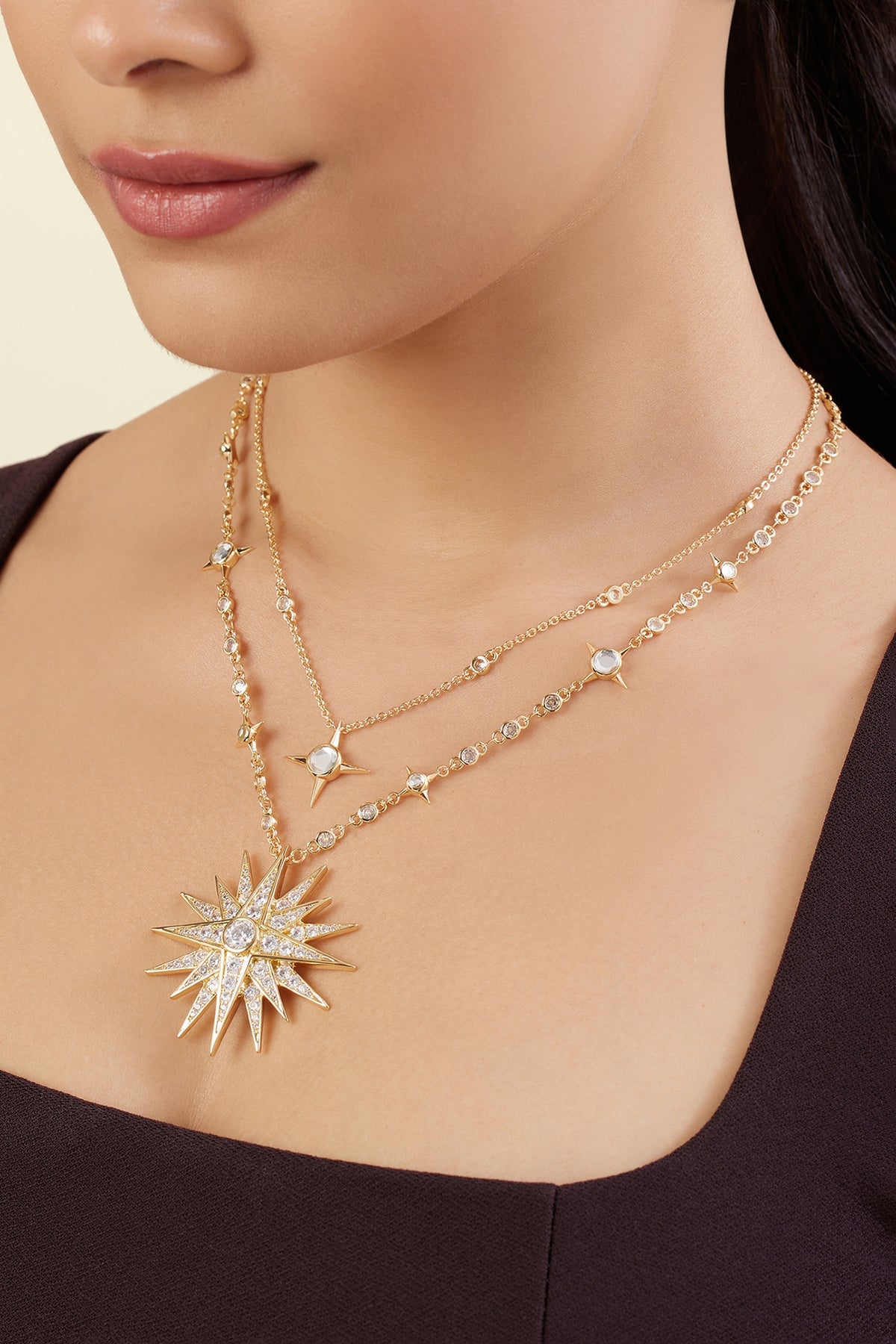Gold Plated Crystal Zirconia & Mirror Layered Necklace