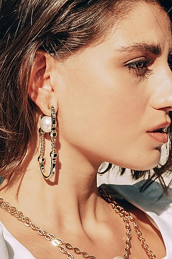 Gold Finish Pearl Hoop Earrings
