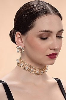 Gold Plated CZ & Pearl Choker Necklace