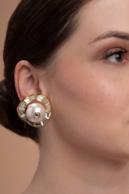 Gold Plated Pearl & Mirror Stud Earrings