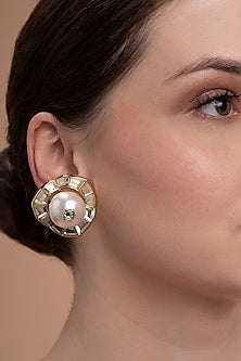 Gold Plated Pearl & Mirror Stud Earrings
