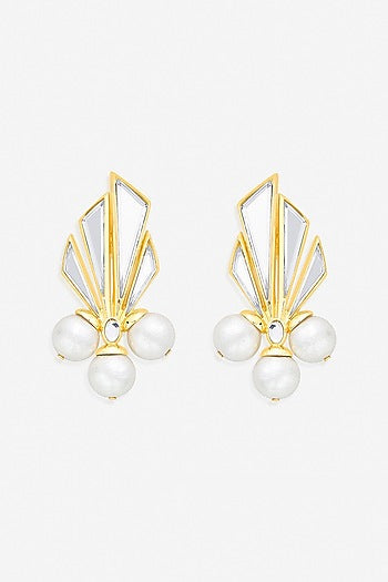 Gold Finish Pearl & Mirror Stud Earrings