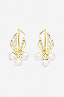 Gold Finish Pearl & Mirror Stud Earrings