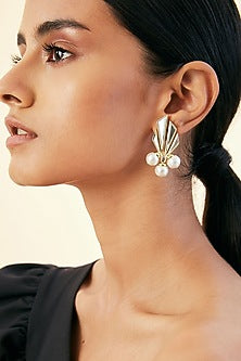 Gold Finish Pearl & Mirror Stud Earrings
