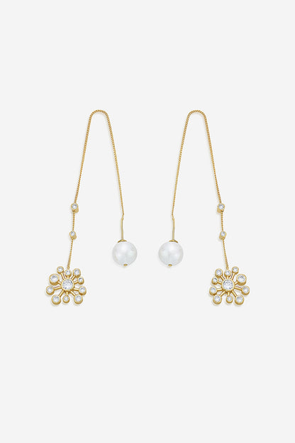 Gold Finish Mirror & Pearls Stud Earrings
