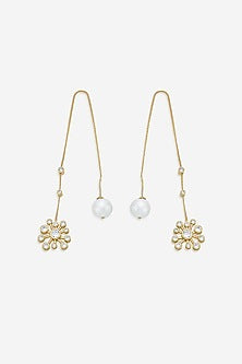 Gold Finish Mirror & Pearls Stud Earrings