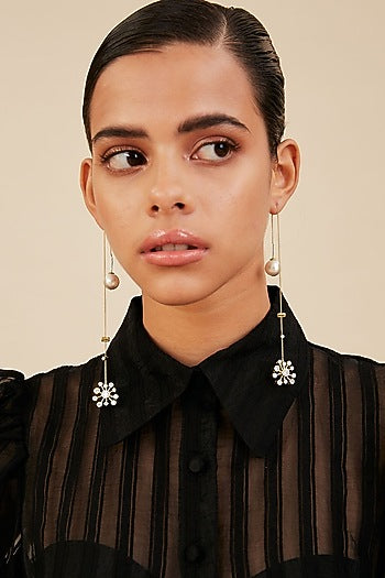 Gold Finish Mirror & Pearls Stud Earrings