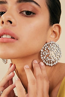 White Finish Mirror & Zircons Stud Earrings
