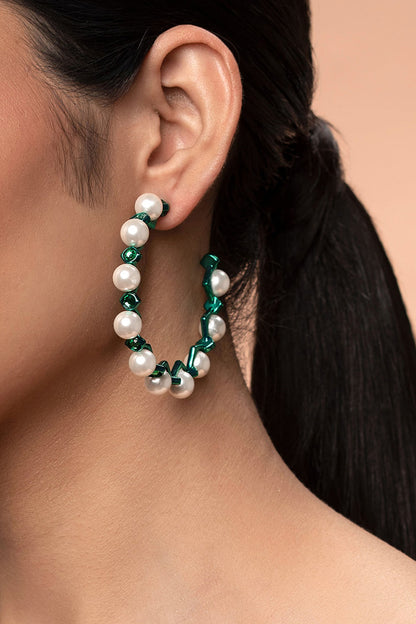 Gold Finish Pearls & Mirror Hoop Earrings