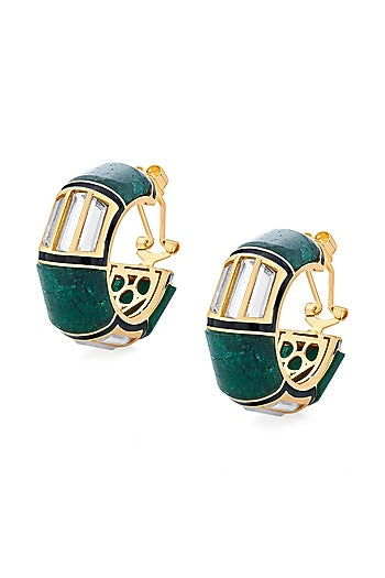 Gold Finish Quartz & Mirror Hoop Earrings