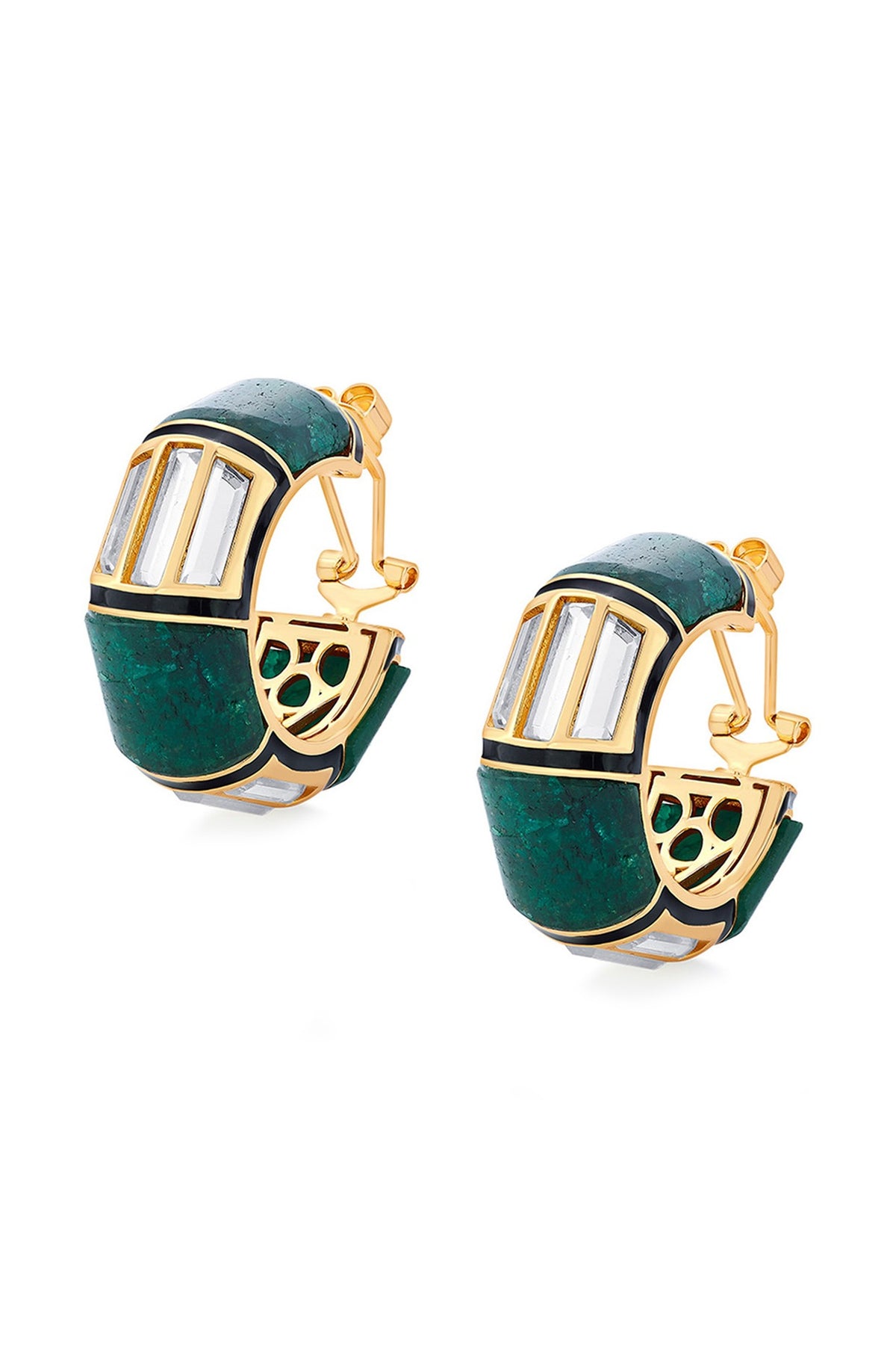 Gold Finish Quartz & Mirror Hoop Earrings