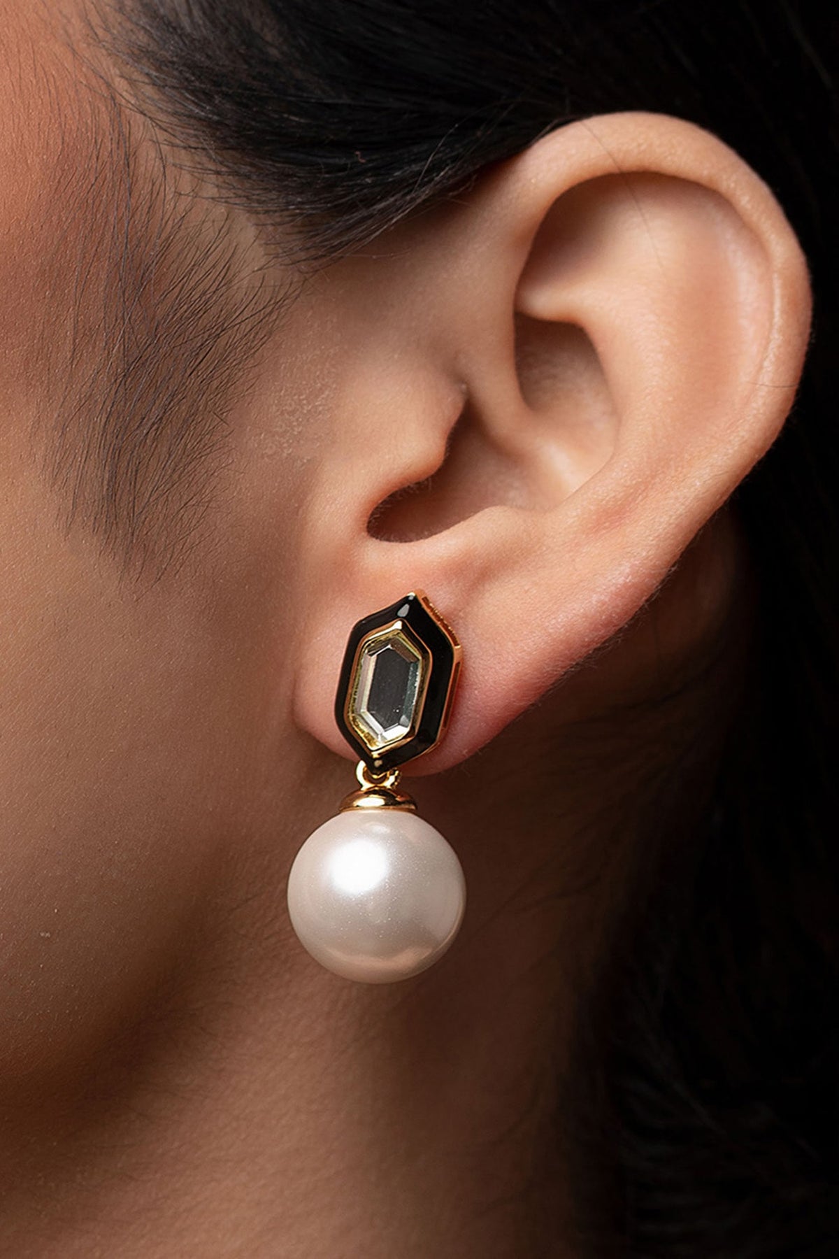 Gold Plated Mirror & Pearls Stud Earrings