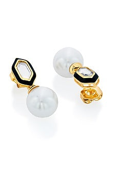 Gold Plated Mirror & Pearls Stud Earrings
