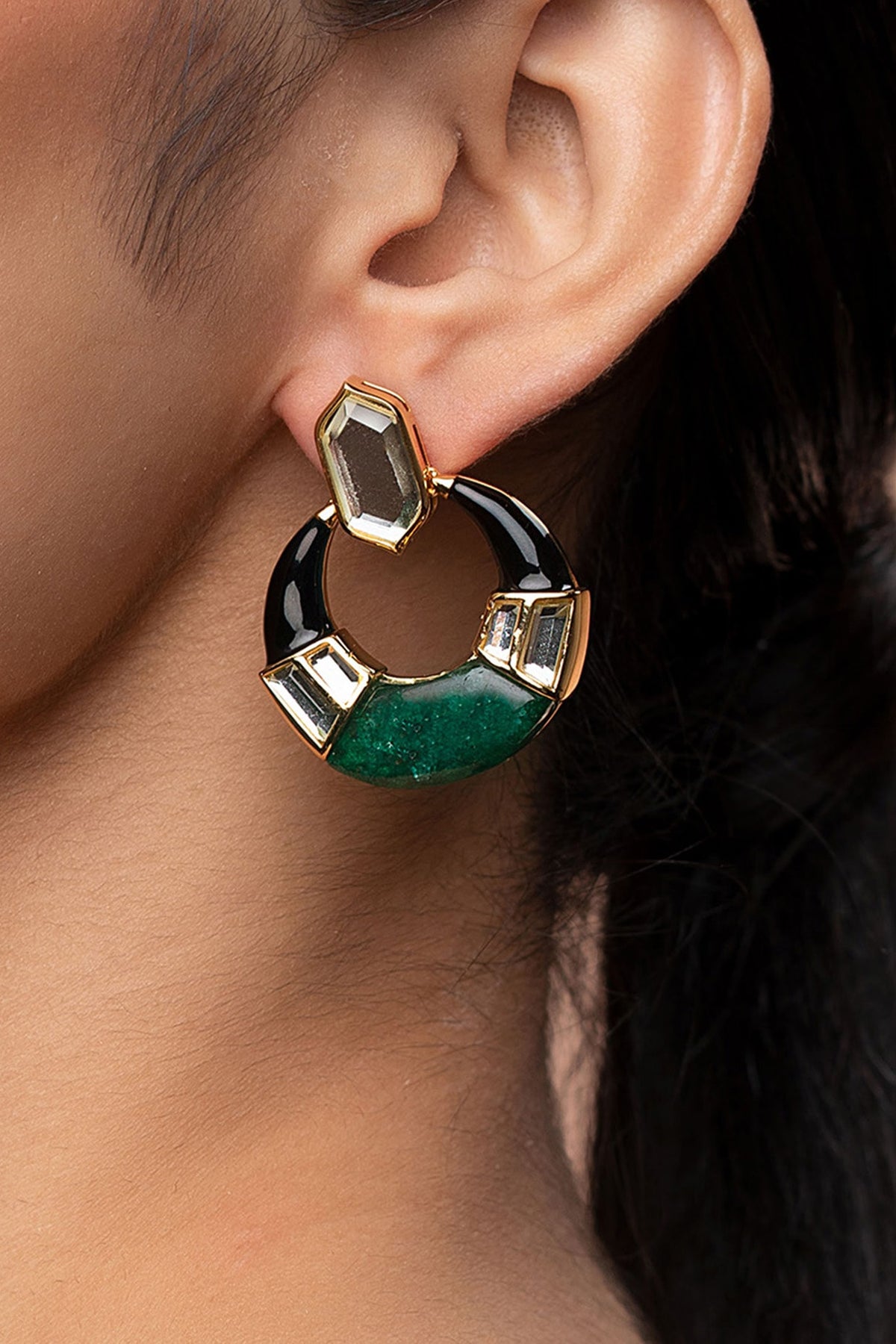 Gold Plated Mirror & Quartz Stud Earrings