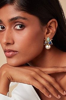 Gold Finish Pearl Drop Stud Earrings