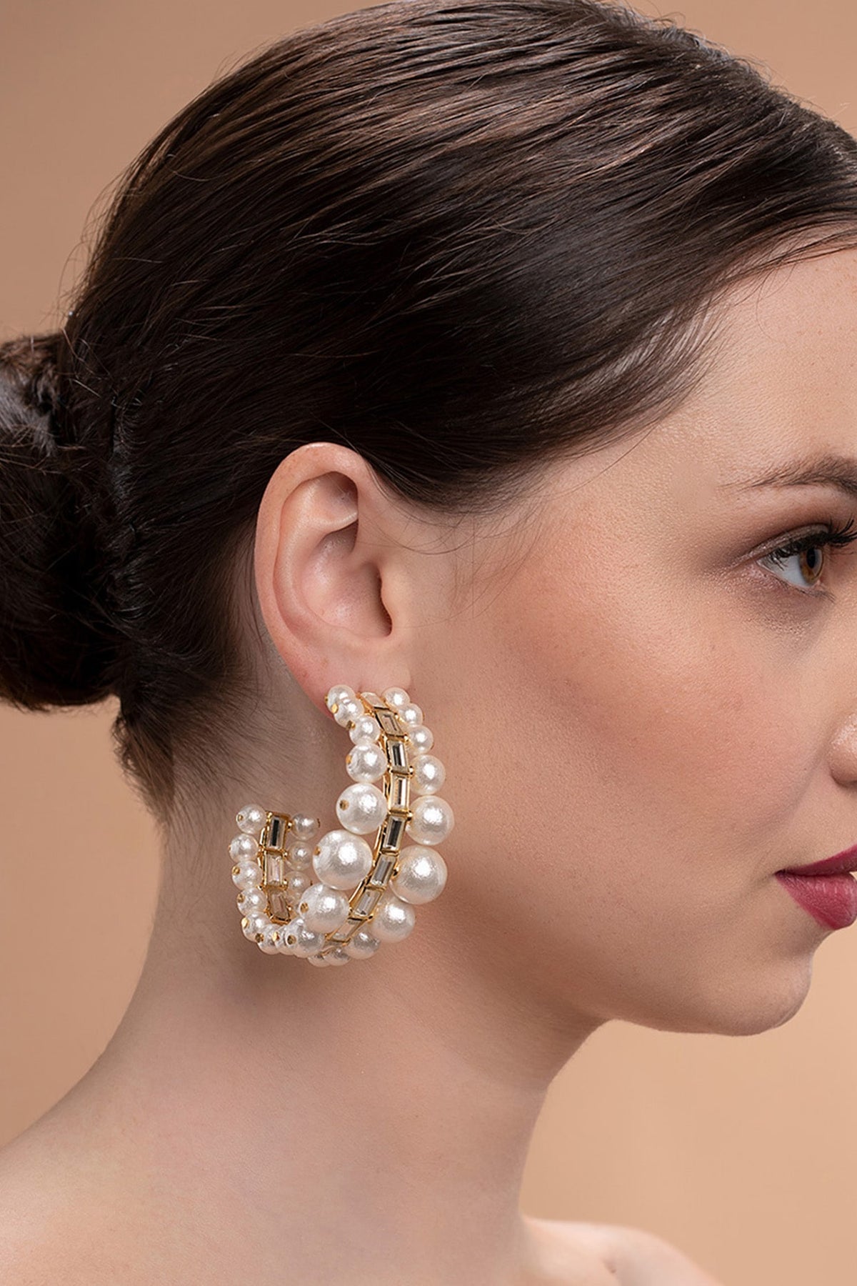 Gold Plated Mirror & Pearls Hoop Earrings