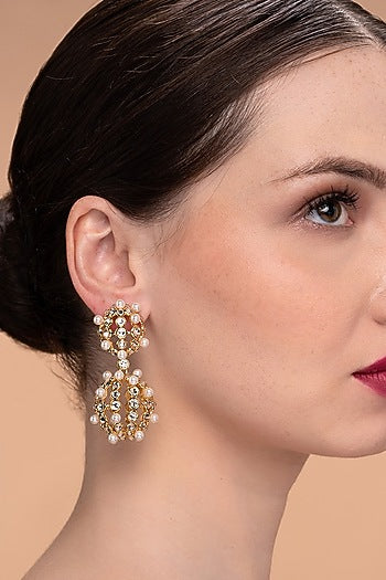Gold Plated Shell Pearl & CZ Dangler Earrings