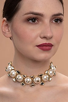 Gold Plated Mirror & Pearl Choker Necklace