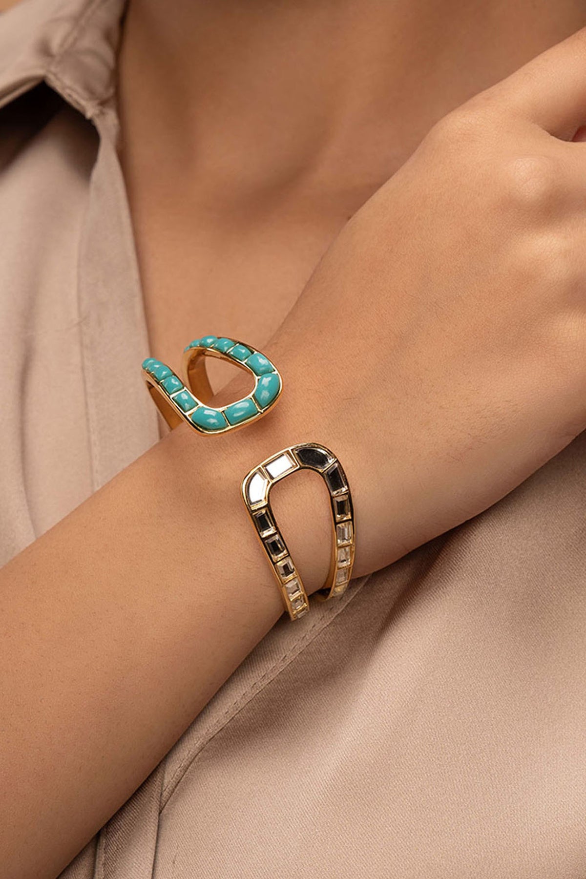 Gold Plated Mirror & Hydro Emerald Open Cuff