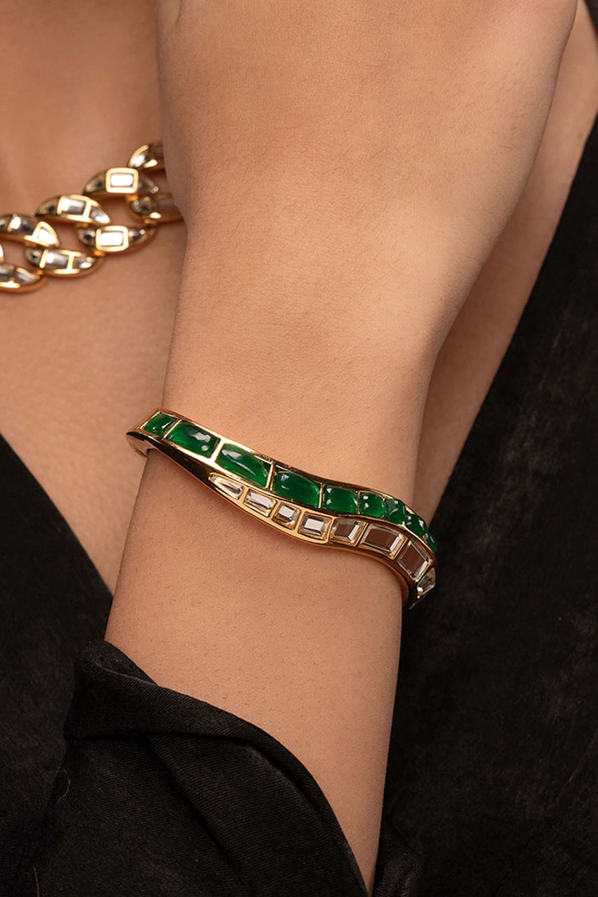 Gold Plated Hydro Emerald & Mirror Irregular Cuff