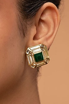 Gold Plated Hydro Emerald & Mirror Stud Earrings