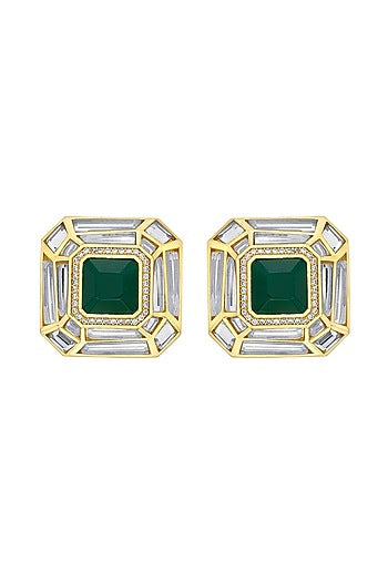 Gold Plated Hydro Emerald & Mirror Stud Earrings