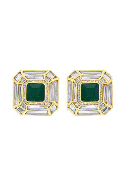 Gold Plated Hydro Emerald & Mirror Stud Earrings