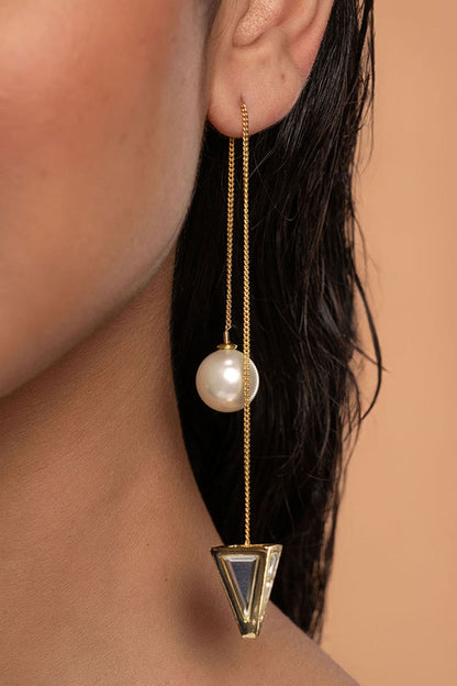 Gold Plated Mirror & Pearl Threader Dangler Earrings