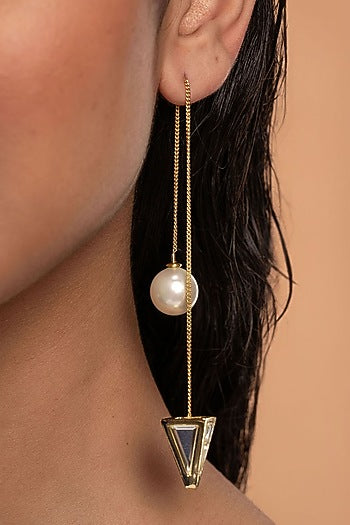 Gold Plated Mirror & Pearl Threader Dangler Earrings