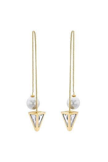 Gold Plated Mirror & Pearl Threader Dangler Earrings