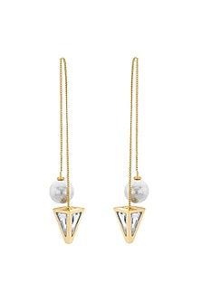 Gold Plated Mirror & Pearl Threader Dangler Earrings