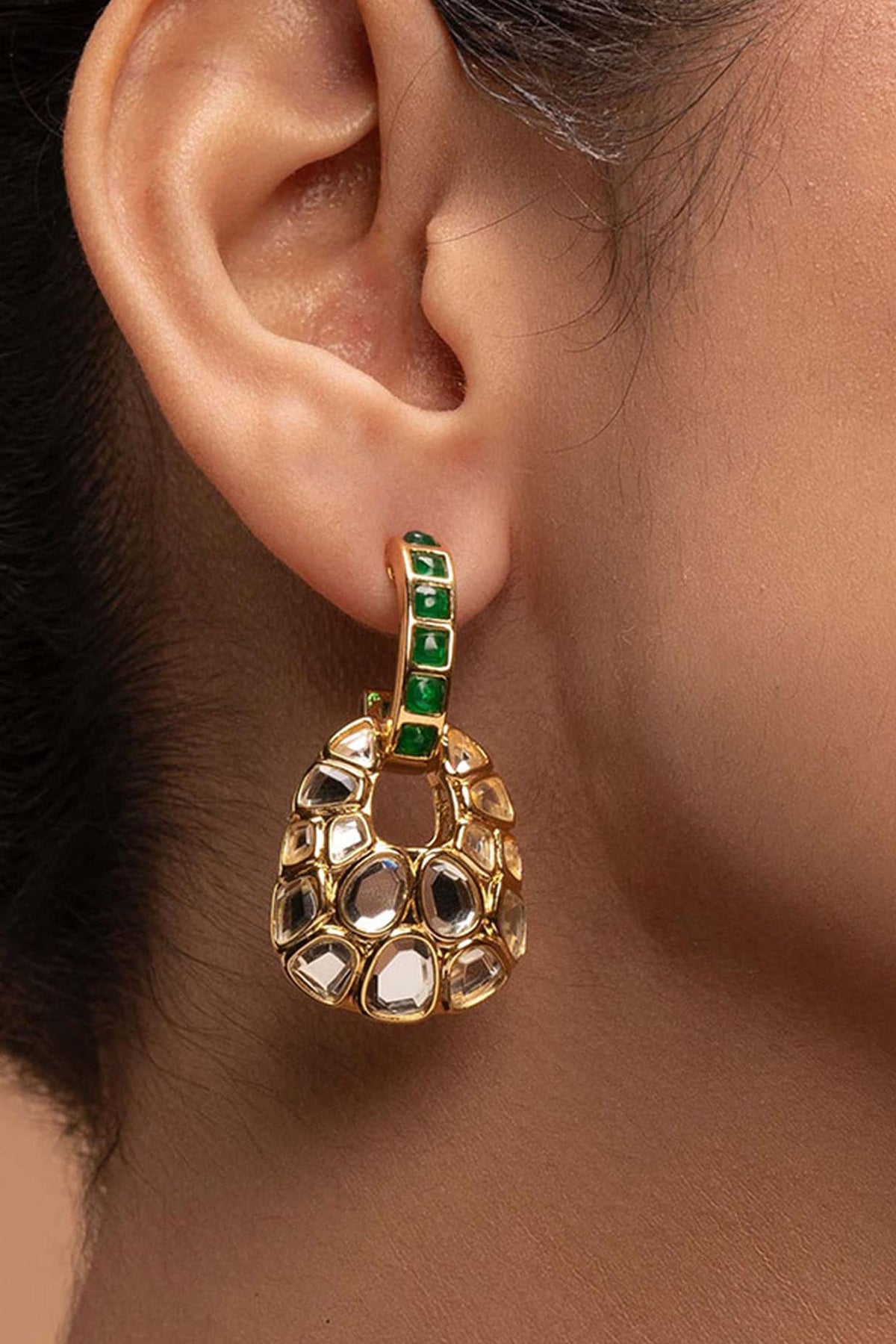 Gold Plated Hydro Emerald & Mirror Stud Earrings