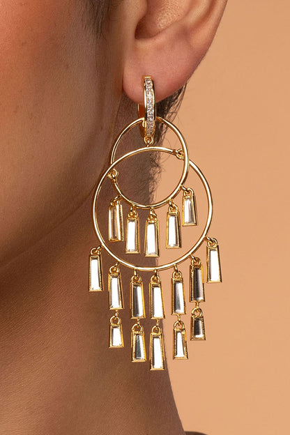 Gold Plated Mirror & CZ Chandelier Dangler Earrings