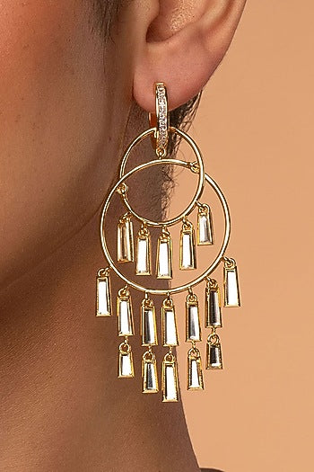 Gold Plated Mirror & CZ Chandelier Dangler Earrings
