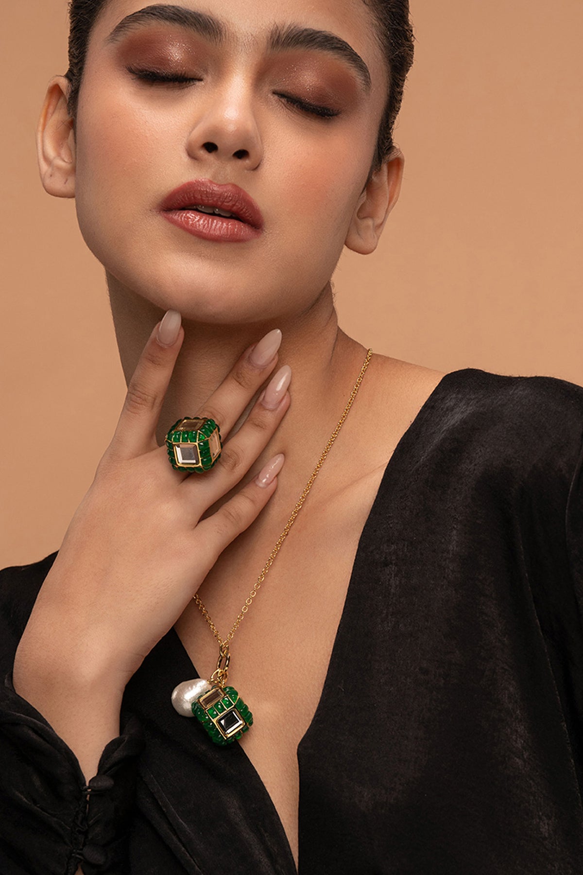 Gold Plated Hydro Emerald & Mirror Dice Ring
