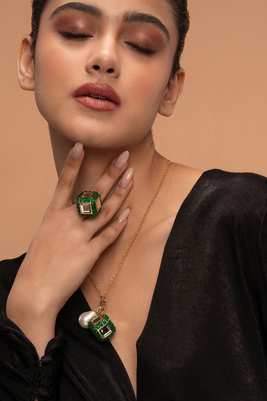 Gold Plated Hydro Emerald & Mirror Dice Ring