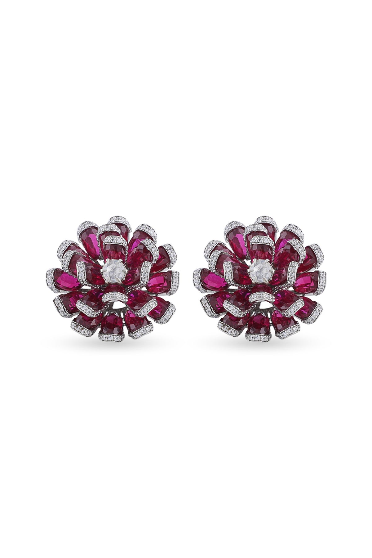 White Finish Synthetic Emerald Stone & Moissanite Polki Stud Earrings In Sterling Silver