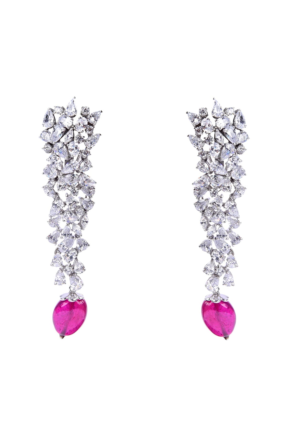 White Finish Synthetic Emerald Stone & Swarovski Dangler Earrings In Sterling Silver