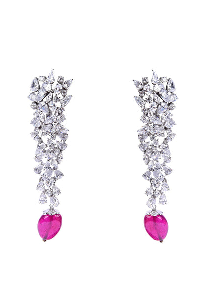 White Finish Synthetic Emerald Stone & Swarovski Dangler Earrings In Sterling Silver