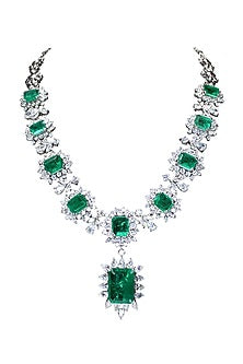 White Finish Synthetic Emerald Stone & Swarovski Long Necklace In Sterling Silver
