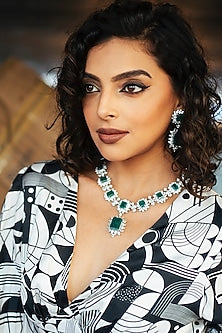 White Finish Synthetic Emerald Stone & Swarovski Long Necklace In Sterling Silver