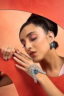 White Finish Synthetic Sapphire Stone Hand Wrap Cocktail Bracelet In Sterling Silver