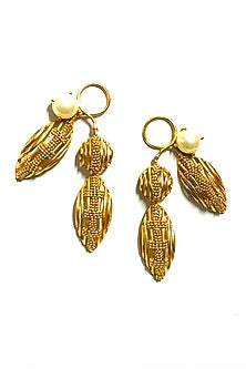 Gold Rhodium Finish Pearl & Hand-Knotted Ball Chain Embellished marquise Dangler Earrings