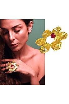 Yellow Gold Finish Hexagon Floral Ring