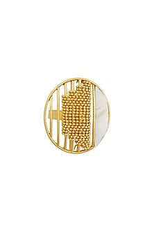 Gold Rhodium Finish Hand-Cut Mother Of Pearl Adjustable Moon Ring