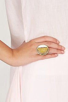 Gold Rhodium Finish Hand-Cut Mother Of Pearl Adjustable Moon Ring